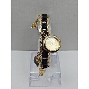 Anne Klein Charm Bracelet Watch Gold Tone Black Chain Purse Charms New Battery